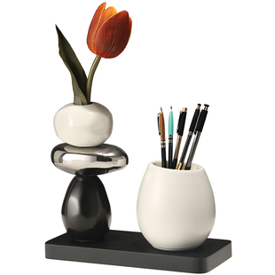 轻奢高档石来运转收纳笔筒摆件家居客厅玄关办公室桌面花瓶装饰品