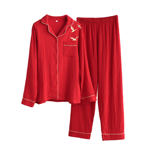 40支双层纱布 情侣款全棉家居套装 本命年新婚大红色睡衣 春秋款