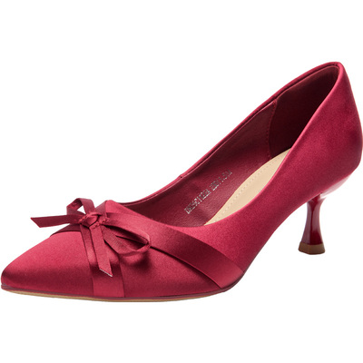 大东红色尖头细跟浅口单鞋