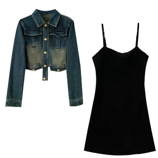 南黑微胖mm大码美式复古高级感牛仔短款外套女内搭黑色吊带连衣裙
