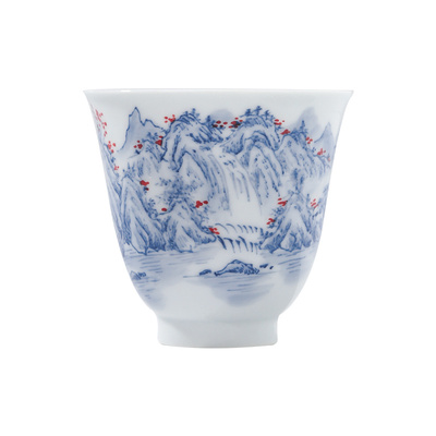 景德镇青花釉里红山水压手杯