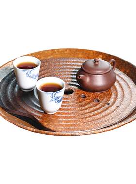 听壶居日式圆形粗陶储水式茶盘