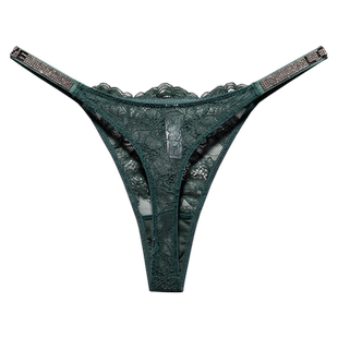 柔软蕾丝丁字裤女欧美性感水钻诱惑火辣T裤透气无痕内裤纯欲墨绿