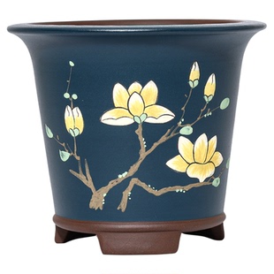 清香阁紫砂 圆口彩绘花盆 匠人手工桌面绿植花卉盆栽典雅紫砂花盆