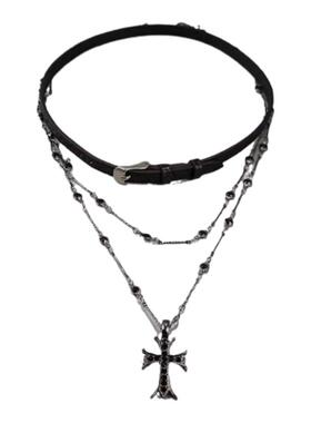 褶皱叠戴长款串珠小众黑色皮扣