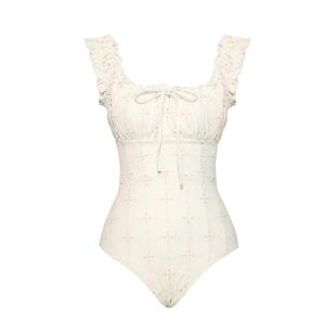 visual mood泳衣女复古白刺绣系带新款显瘦连体泡温泉度假游泳装