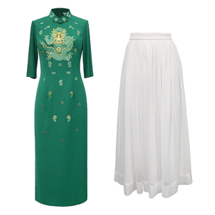 浒城古娘新款刺绣奥黛立领连衣裙休闲新中式国风两件套装女春夏