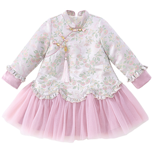 米米哈罗女童旗袍裙冬2025新款儿童国风加绒连衣裙女孩唐装公主裙