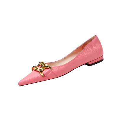 尖头单鞋金属扣粉色平底高跟鞋