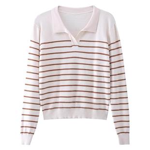 polo领黑白条纹长袖针织衫女装2025新款秋冬小个子短款毛衣打底衫