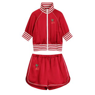 CAN夏季新款 醋酸套装 樱桃印花夹克外套+短裤休闲时尚两件套