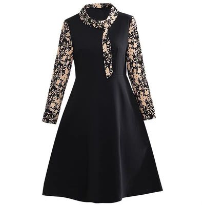 中年妈妈撞色雪纺长袖连衣裙子