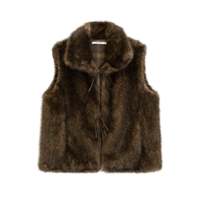 棕色无袖貂毛毛立领叠穿马甲外套