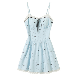 织物猪 海盐寄语 蓝色蝴蝶结波点吊带连衣裙女夏甜美蕾丝花边短裙