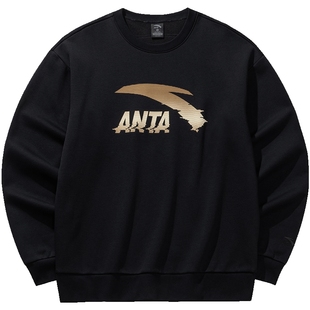 安踏休闲针织加绒卫衣男女同款冬季新款黑色圆领套头长袖运动上衣