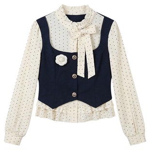 织物猪 幽兰学姐 韩系女高学院风假两件拼接波点上衣女春长袖T恤