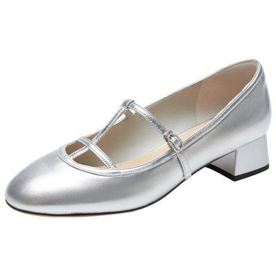 莱尔斯丹银色圆头粗跟玛丽珍鞋女
