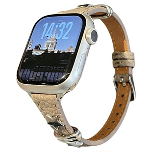 【暖棕星云】适用苹果手表表带iwatch s11皮质s10新款荔枝纹女士智能腕表AppleWatchS9男女款s8高级感JY秋冬