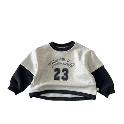 男童加绒卫衣秋冬装儿童假两件运动上衣一体绒小童宝宝套头打底衫