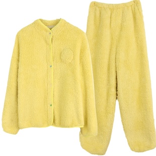 朵朵可可睡衣女士2025冬季新款珊瑚绒柔软立领保暖套装黄色家居服