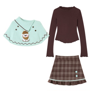 织物猪 青柠小狗 森系古着穿搭女秋冬套头高领毛衣打底衫裙子套装