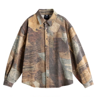 秋季男士设计感彩绘牛仔衬衫复古小众潮流外套休闲宽松男款衬衣