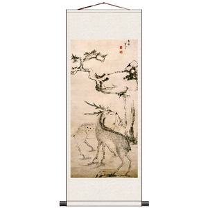 八大山人宣纸墨荷小鱼双鹰卷轴画