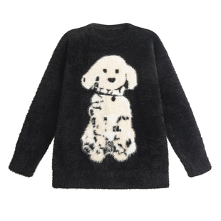 UNIFREE黑色水貂绒套头毛衣小狗提花撞色软糯慵懒风高级百搭上衣
