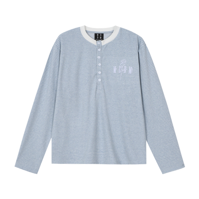 MEDM字母刺绣亨利领条纹T恤