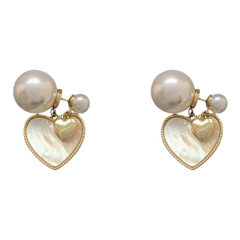 新款法式明星同款爱心白贝母耳钉女韩国气质简约桃心珍珠心形