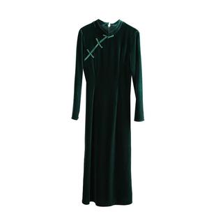 绿色丝绒旗袍连衣裙女2025年秋冬新款年会礼服裙子新中式国风女装