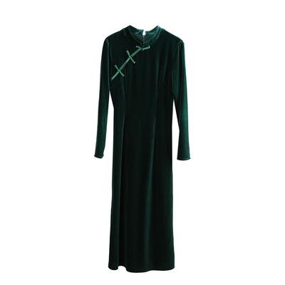 绿色丝绒旗袍连衣裙女秋冬新中式