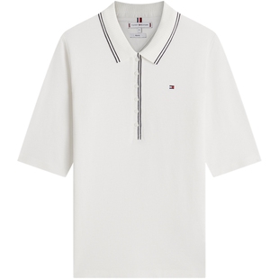 Tommy26春夏新款女装莱赛尔微弹优雅通勤镶边修身中袖T恤POLO衫