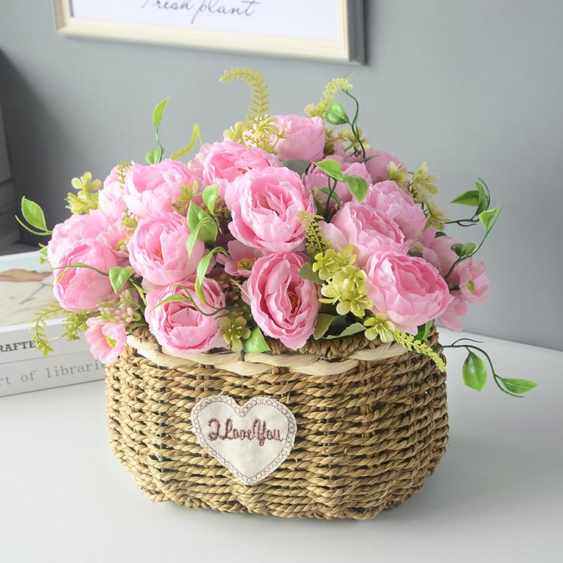 手工草编柳编花篮欧式花盆客厅装饰摆件田园藤编篮子仿真花器套装