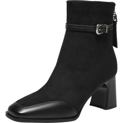 百思图冬季商场新款粗高跟法式女短靴绒面拼接马丁靴F2178DD5