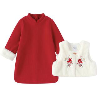 巴拉巴拉女童国风连衣裙套装宝宝红色新年款马甲秋冬款童装加绒厚