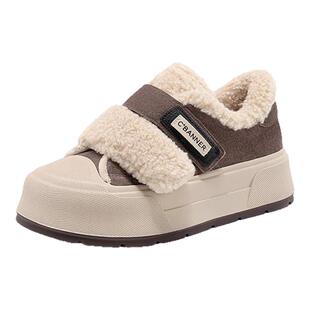 千百度板鞋女真皮皮毛一体毛毛初春季加绒加厚2025新款魔术贴保暖