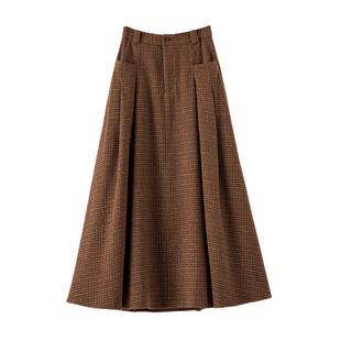 晚白2025年秋冬新款高腰羊毛A字复古格纹裙子时尚毛呢大摆半身裙