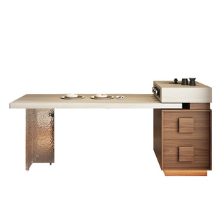 中古风洞石岛台餐桌小户型可伸缩极窄岛柜饭桌复古厨房迷你岩板导