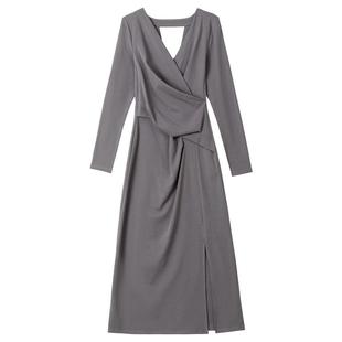 KEIKO 轻熟法式交叠V领收腰连衣裙2026春季气质显瘦开叉包臀长裙