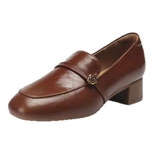 星期六复古山茶花乐福鞋女2025秋季新款粗跟单鞋厚底小皮鞋子