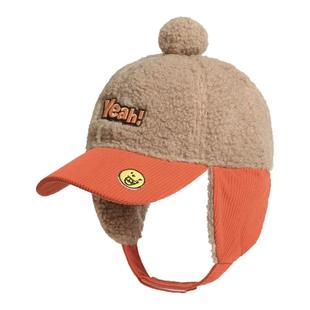 秋冬仿羊羔绒儿童棒球帽男女童笑脸刺绣保暖鸭舌帽骑行护耳雷锋帽