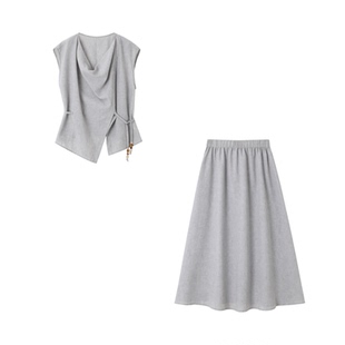 XWI欣未仿麻肌理感灰色套装女2026年夏季荡领T恤收腰半身裙两件套