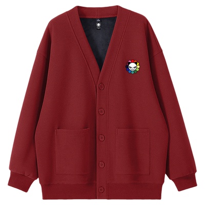 Hipanda你好熊猫加绒V领开衫外套情侣潮印花华夫格重磅卫衣2025冬