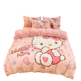 女孩冬季牛奶绒四件套KT猫加厚法兰珊瑚绒被套床笠儿童床上三件套