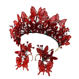 手工红色水晶水凝蝴蝶精致皇冠发饰新娘礼服跟妆敬酒服头饰高级感