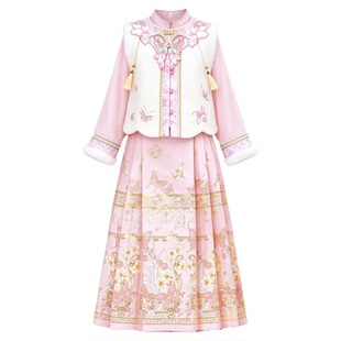 汉服女童2026冬季款儿童新中式国风加绒明制马面裙套装仙气拜年服