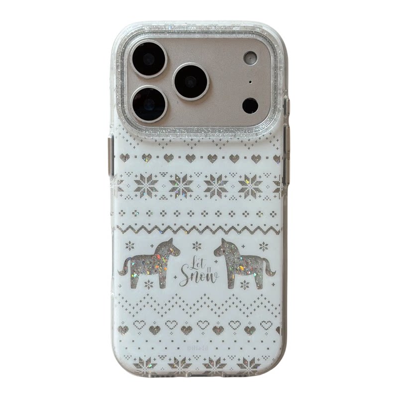 冬日费尔岛雪花小马年适用于iphone17promax手机壳16pro带毛球挂链15小众高级感14闪粉防摔保护套女