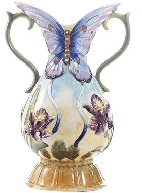 蝴蝶水罐紫色花插陶瓷蝶舞双柄大