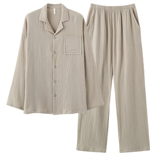 【婴儿棉】a类全棉双层纱纯棉情侣睡衣女秋季长袖慵懒男士家居服